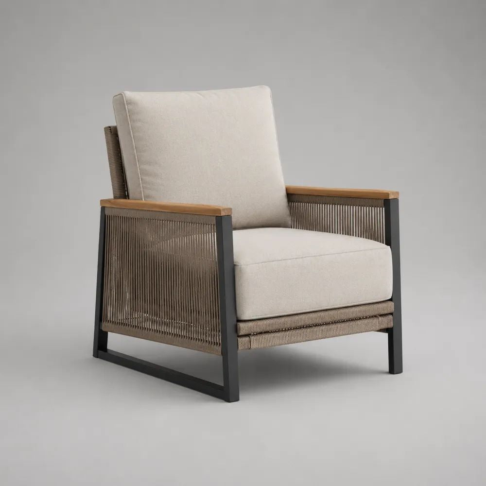 Poltrona da giardino con braccioli e cuscini, struttura in acciaio, corda PP e legno, beige/tortora/antracite/marrone naturale, 73 x 82 x 86 cm