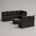 Set divano modulare da giardino 7 pezzi a 6 posti in polyrattan nero con cuscini e tavolino in legno marrone, 260 x 130 x 74 cm