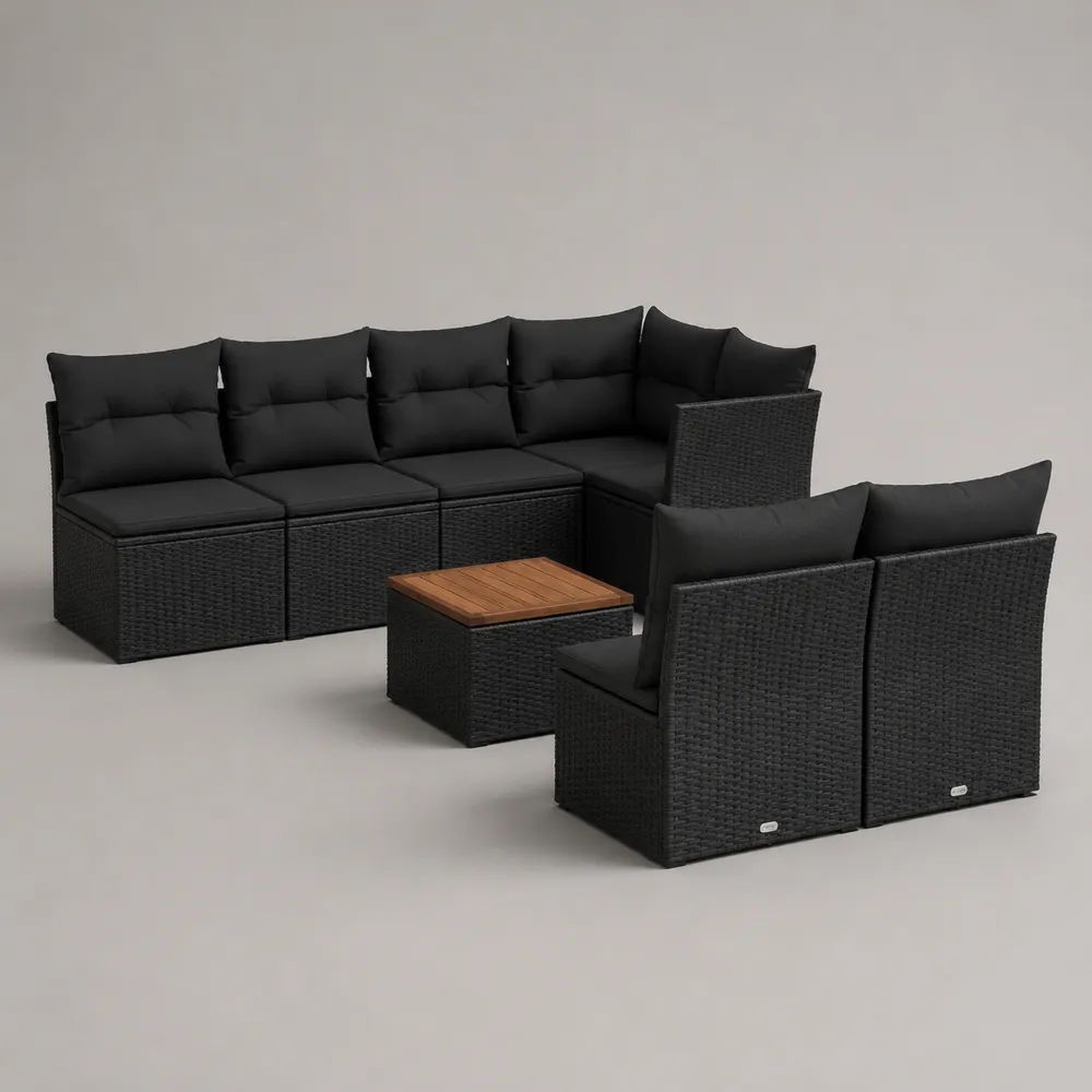 Set divano modulare da giardino 7 pezzi a 6 posti in polyrattan nero con cuscini e tavolino in legno marrone, 260 x 130 x 74 cm