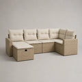 Set divano angolare modulare da giardino 6 pezzi in polietilene PE beige e acciaio con cuscini crema, 260 x 145 x 85 cm