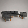 Set divano da giardino modulare 6 pezzi in polyrattan PE grigio con gambe in acacia e cuscini antracite, 267 × 137 × 74 cm
