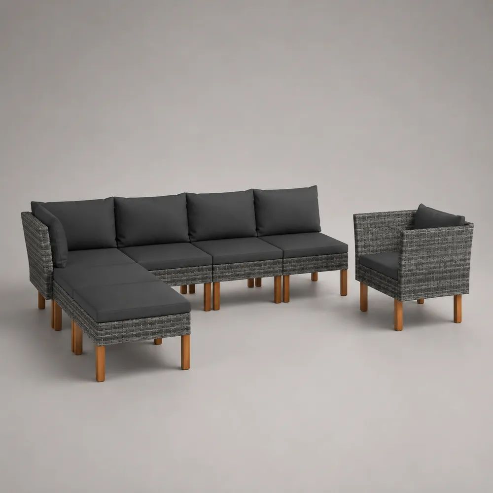 Set divano da giardino modulare 6 pezzi in polyrattan PE grigio con gambe in acacia e cuscini antracite, 267 × 137 × 74 cm