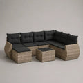 Set salotto angolare da giardino in polyrattan PE beige con cuscini neri, pouf e tavolino, 255 x 195 x 74 cm