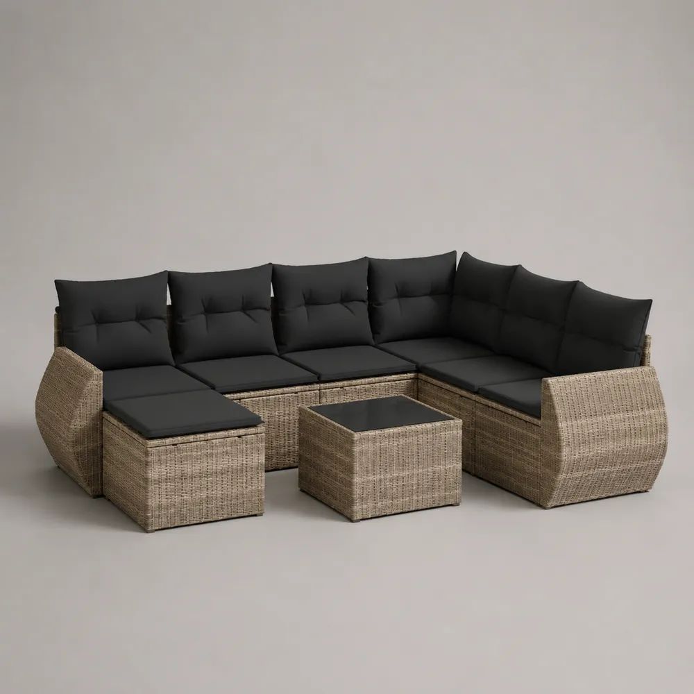 Set salotto angolare da giardino in polyrattan PE beige con cuscini neri, pouf e tavolino, 255 x 195 x 74 cm