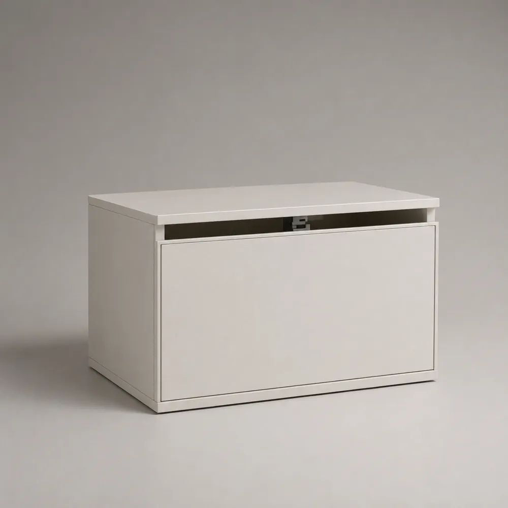 Comodino rettangolare bianco in MDF con vano contenitore e anta a ribalta, 60 × 35 × 40 cm