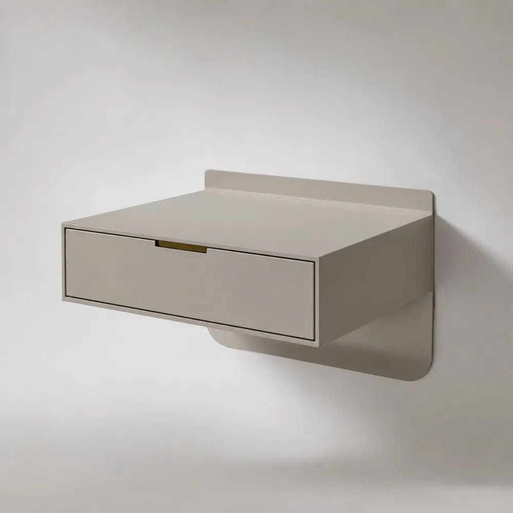 Comodino sospeso da parete rettangolare in acciaio con cassetto, beige e oro, 45 x 35 x 26 cm