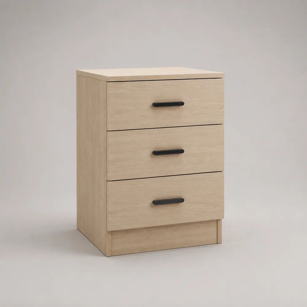 Comodino rettangolare in pannello truciolare con 3 cassetti, rovere chiaro e nero, 40 × 35 × 60 cm