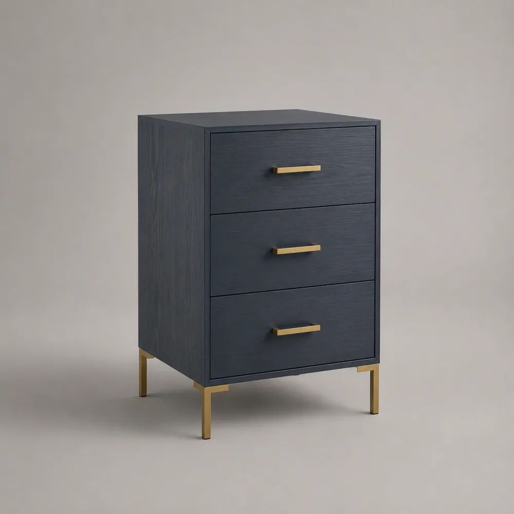 Comodino alto rettangolare con 3 cassetti in pannello truciolare e acciaio, antracite e oro, 45 × 40 × 75 cm