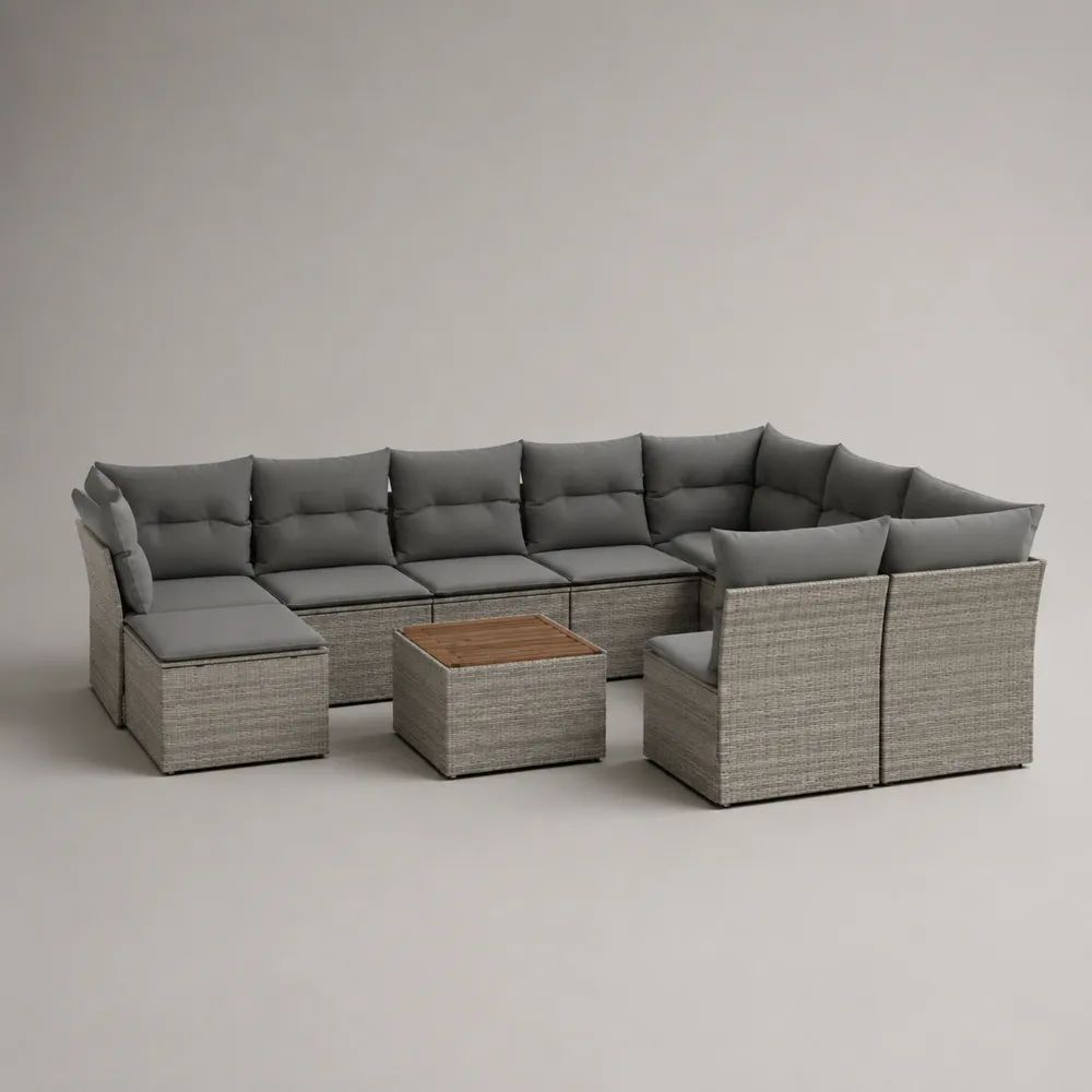Set salotto da giardino modulare a U 8 pezzi, 7 posti, in rattan PE grigio con cuscini e tavolino, 300 x 205 x 64 cm