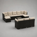Salotto modulare da esterno 10 pezzi a 9 posti in rattan PE nero con cuscini beige e tavolino in vetro, 325 × 205 × 75 cm