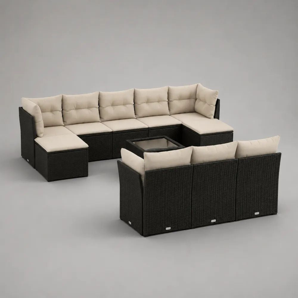Salotto modulare da esterno 10 pezzi a 9 posti in rattan PE nero con cuscini beige e tavolino in vetro, 325 × 205 × 75 cm