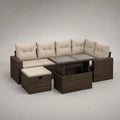 Set salotto da giardino 4 pezzi in polyrattan PE marrone scuro con cuscini beige, divano angolare 205 x 205 x 74 cm, tavolo in vetro 120 x 70 x 68 cm e 2 pouf