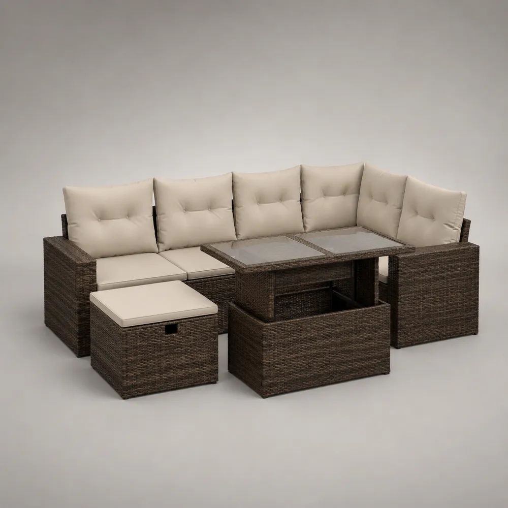 Set salotto da giardino 4 pezzi in polyrattan PE marrone scuro con cuscini beige, divano angolare 205 x 205 x 74 cm, tavolo in vetro 120 x 70 x 68 cm e 2 pouf