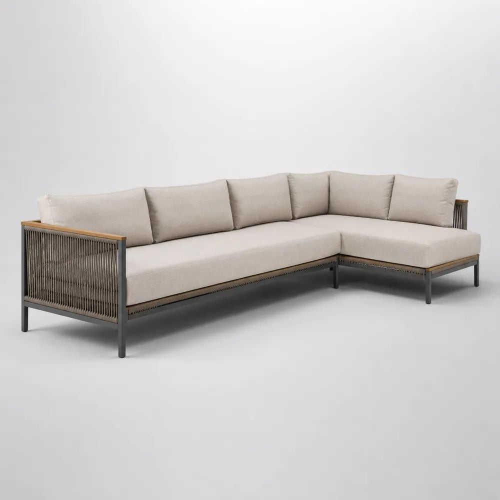 Set divano angolare da esterno a 4 posti in alluminio, corda e tessuto beige, penisola destra, 245 x 168 x 75 cm
