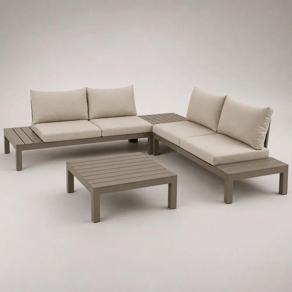 Set divano angolare da giardino 3 pezzi in alluminio con cuscini in poliestere, tortora e beige, 235 x 235 x 76 cm