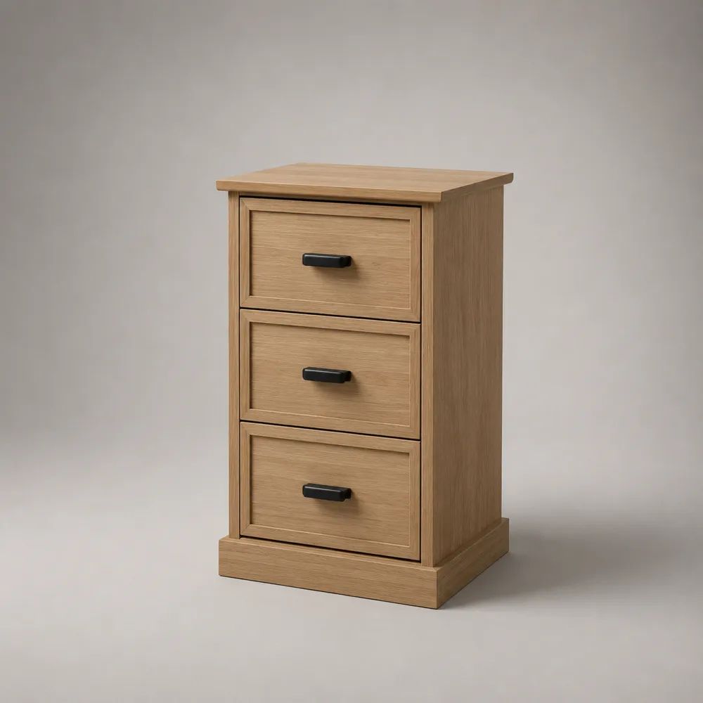 Comodino alto rettangolare in legno con 3 cassetti, rovere naturale e maniglie nere, 44 × 38 × 78 cm
