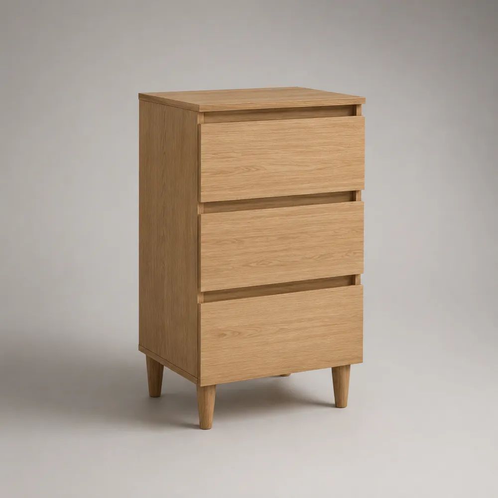 Comodino alto rettangolare in legno con 3 cassetti, rovere naturale, 45 x 40 x 75 cm