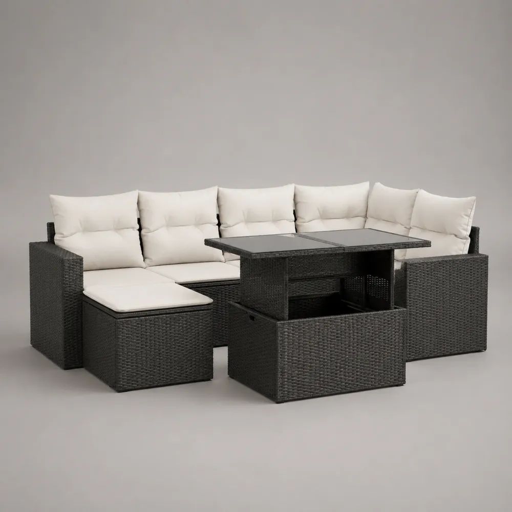 Set salotto da giardino angolare per esterni 8 posti in rattan PE nero con cuscini crema, tavolo elevabile e 2 pouf, 237 x 237 x 74 cm