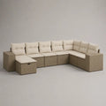 Divano modulare da giardino a L in rattan, set da 9 pezzi beige con cuscini crema, 350 x 225 x 85 cm