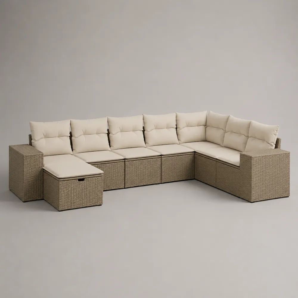 Divano modulare da giardino a L in rattan, set da 9 pezzi beige con cuscini crema, 350 x 225 x 85 cm