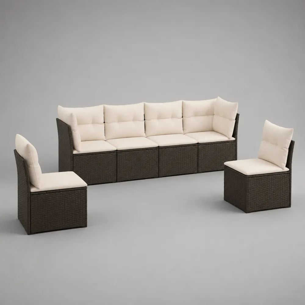 Salotto da giardino modulare a 6 posti in polyrattan marrone scuro con cuscini crema, 6 moduli da 59 × 59 × 85 cm