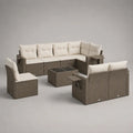 Set salotto da giardino 7 posti in rattan PE tortora con cuscini beige e 2 tavolini, 260 x 200 x 74 cm