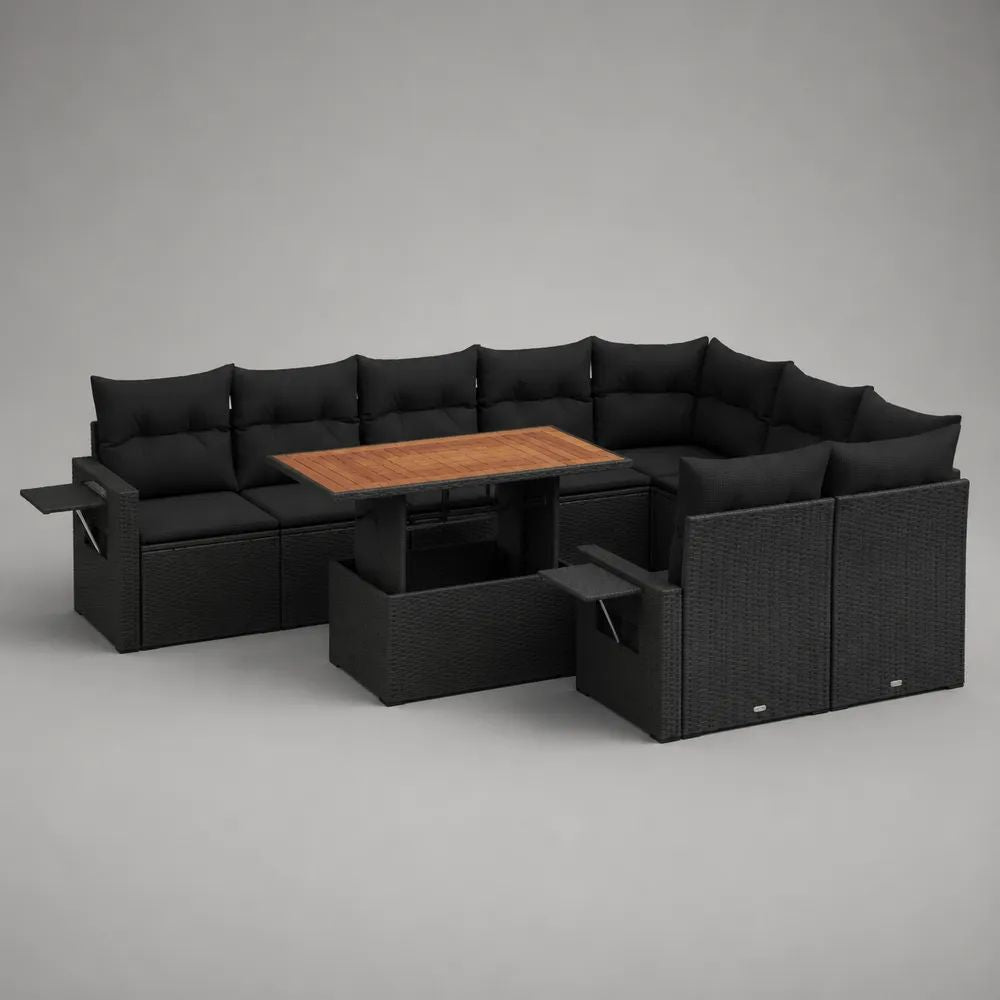 Set salotto da esterno a U 11 pezzi, 10 posti, in polyrattan e acciaio con tavolo in legno composito, Nero/Marrone, 272 x 204 x 74 cm