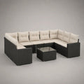 Set divano da giardino modulare a U 8 pezzi, 7 posti, in polyrattan nero con cuscini crema e tavolino, 310 x 140 x 68 cm