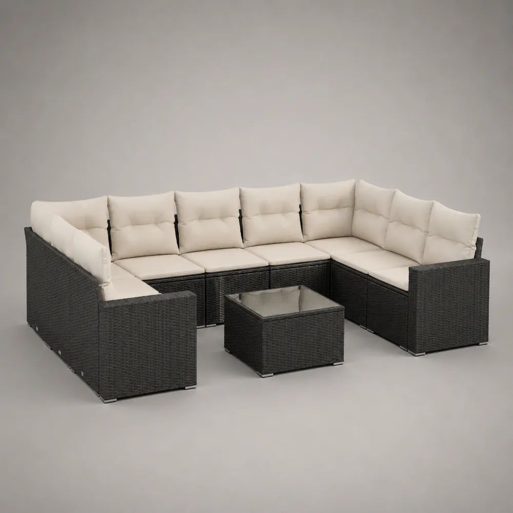 Set divano da giardino modulare a U 8 pezzi, 7 posti, in polyrattan nero con cuscini crema e tavolino, 310 x 140 x 68 cm
