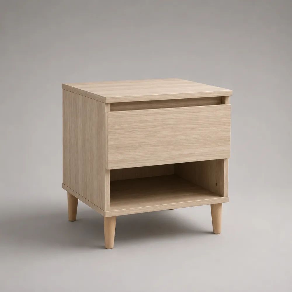 Comodino rettangolare in MDF effetto rovere chiaro con cassetto e vano aperto, 45 x 40 x 55 cm
