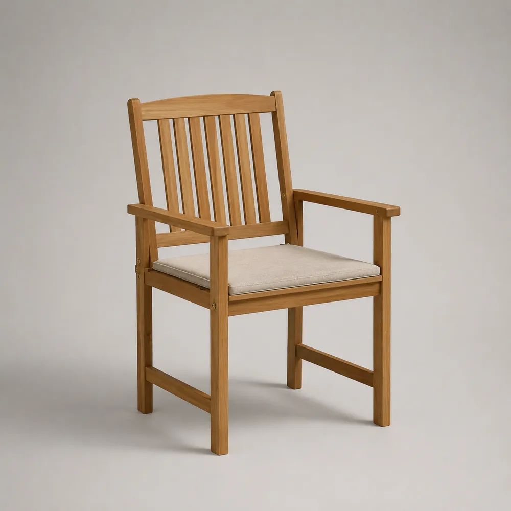 Sedia da giardino con braccioli in legno massello di acacia e cuscino beige, 60 x 58 x 92 cm