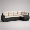 Divano angolare modulare da esterno a 5 posti in rattan PE nero con cuscini beige, 265 × 145 × 85 cm