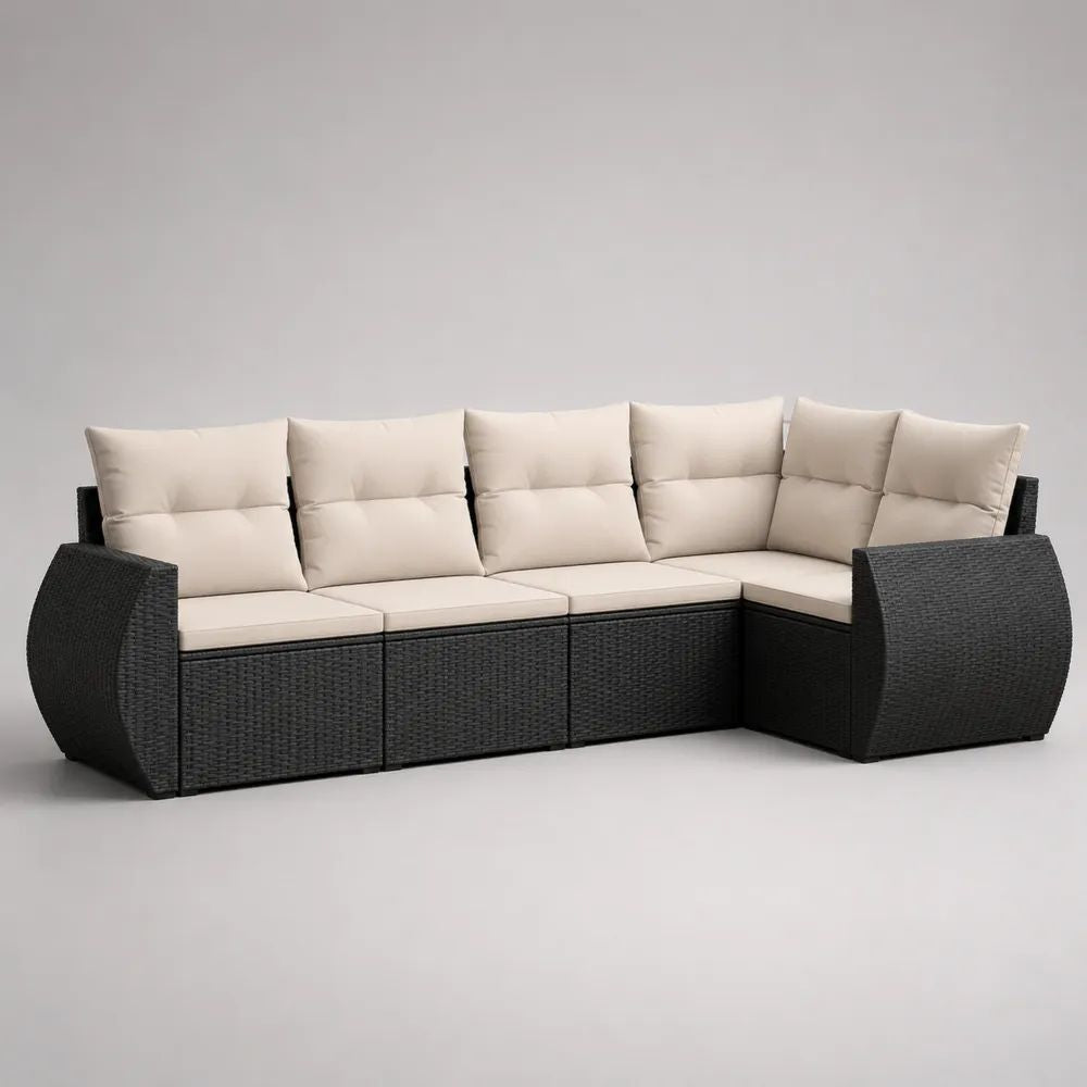 Divano angolare modulare da esterno a 5 posti in rattan PE nero con cuscini beige, 265 × 145 × 85 cm