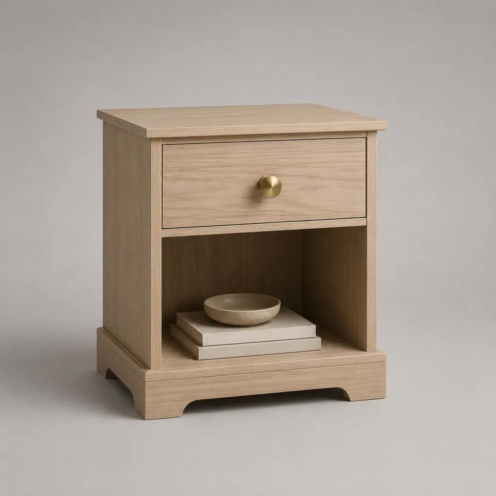 Comodino rettangolare in MDF impiallacciato rovere chiaro con cassetto e vano aperto, 45 x 35 x 55 cm