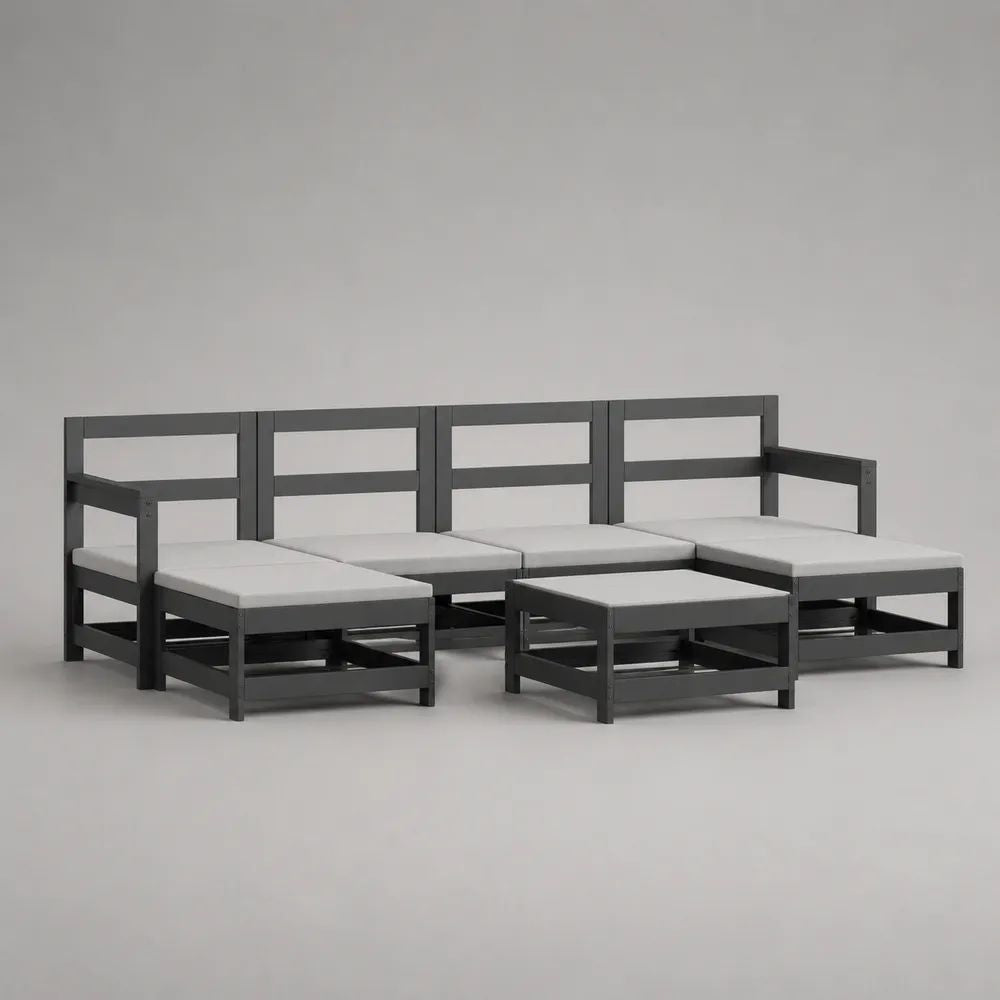 Set divano modulare da giardino 5 pezzi in pino massello grigio antracite con cuscini bianchi, 280 x 140 x 67 cm