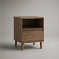 Comodino rettangolare in MDF effetto noce marrone con cassetto e vano aperto, 45 × 40 × 60 cm