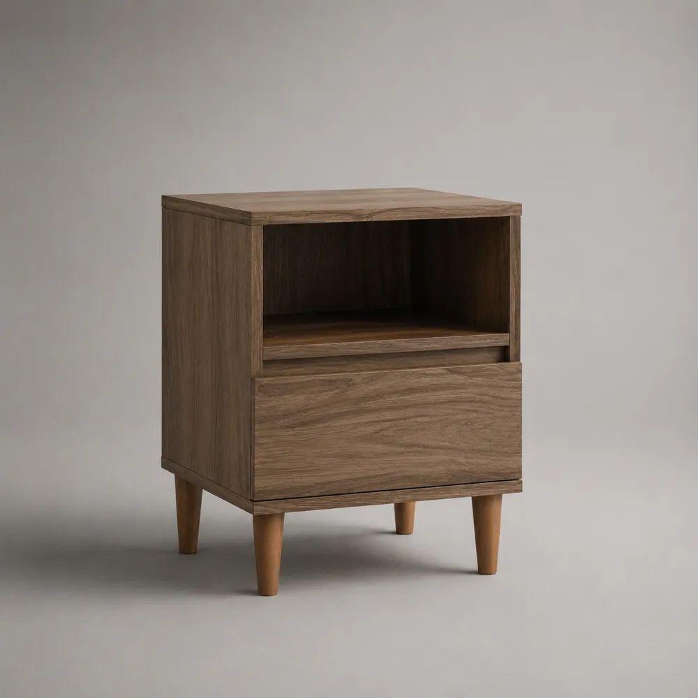 Comodino rettangolare in MDF effetto noce marrone con cassetto e vano aperto, 45 × 40 × 60 cm